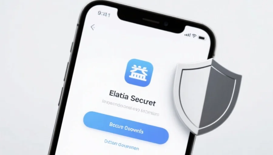 一部现代智能手机屏幕上显示辉达应用的安全下载界面,旁边有安全盾牌图标,背景简洁