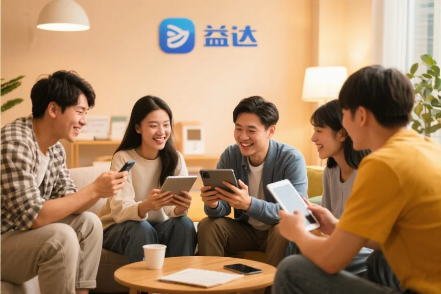 一群年轻用户围坐在一起，使用平板和手机愉快地交流，背景温馨现代，象征辉达应用的社区活跃氛围